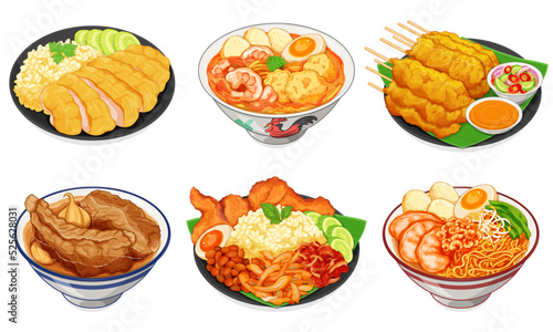 Singapore famous food set collection isolated close up menu illustration vector. Asian food set recipes. (Bak Kut Teh, Hainanese, Hokkien mee, Laksa Singapore, Nasi Lamak, Pork Satay)