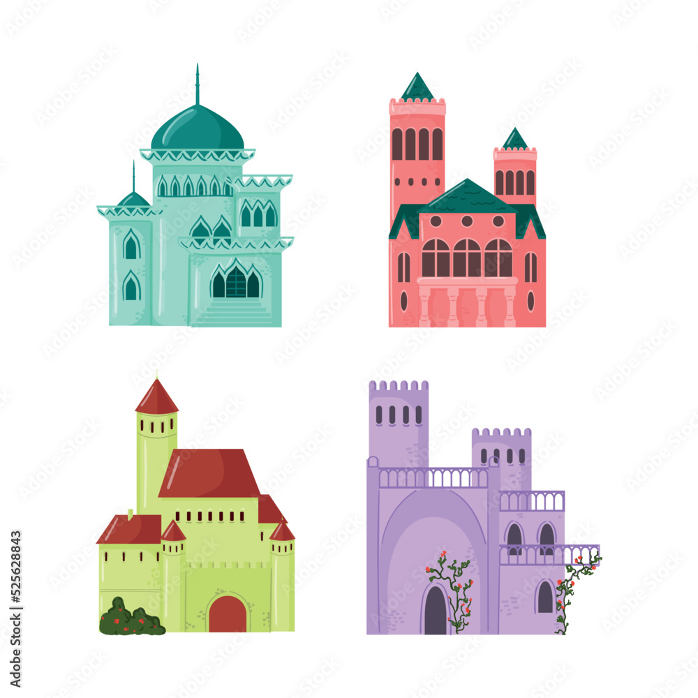 A set of fairy castles for princesses in the flat style.