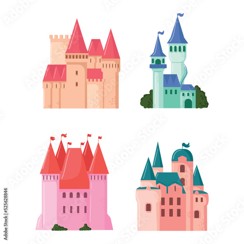 A set of fairy castles for princesses in the flat style.