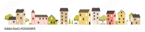 Architecture of city street in minimalist style. Cozy houses facade. Urban landscape. Town in scandi style. Flat vector illustration isolated on white background.