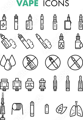 Vaping and e-cigarette line icons. Vape and eSmoking vector linear icon set
