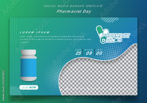 Banner template in green blue background for pharmacist day campaign design