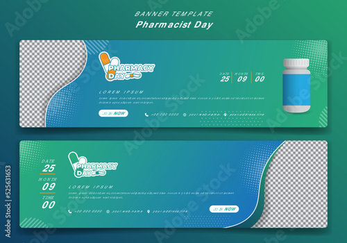 Banner template in landscape green and blue background for pharmacist day design