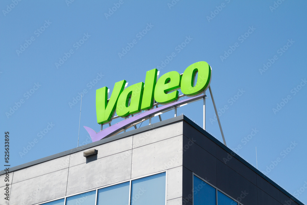 Valeo logo sign. French global automotive supplier, building with brand