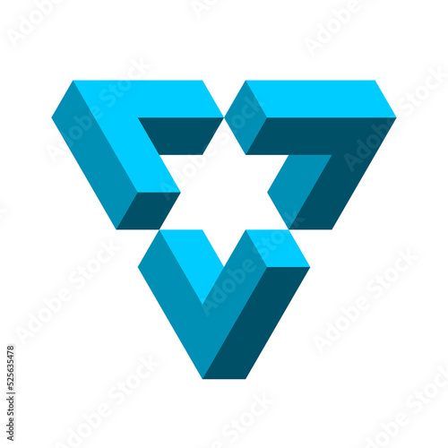 Impossible blue triangle. Penrose shape. Esher geometric object. Optical illusion visual effect. Logo template made of three symmetric parts with star in the middle. Vector illustration, 3D, clip art.