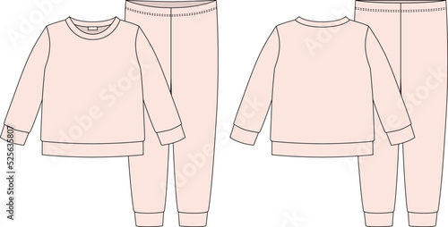 Apparel pajamas technical sketch. Light pink color. Childrens cotton sweatshirt and pants.