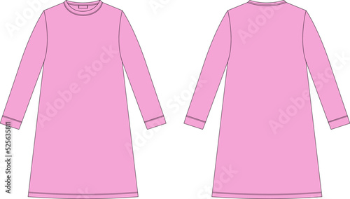 Nightdress technical sketch. Cotton chemise for children. Bright pink color. Nightgown.