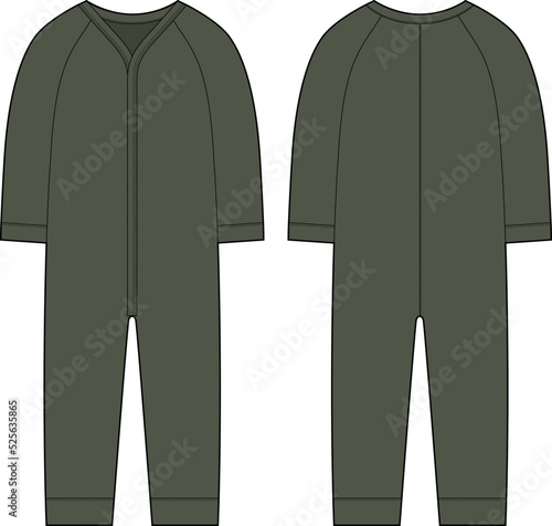 Onesie with a long sleeves. Infant romper. Olive color. Baby body wear mock up. Children bodysuit.