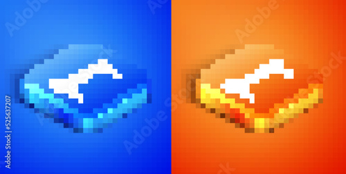 Isometric Massage table icon isolated on blue and orange background. Square button. Vector