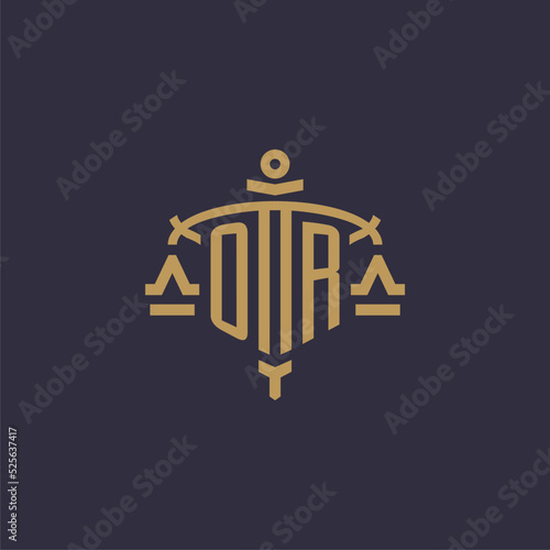 Monogram OR logo for legal firm with geometric scale and sword style