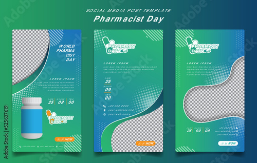 Set of social media template in green and blue background for world pharmacist day campaign design