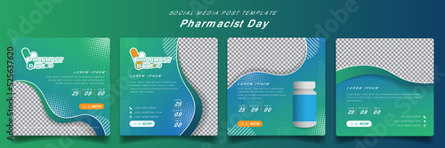 Social media post template with drug box for pharmacist day campaign in blue green background design