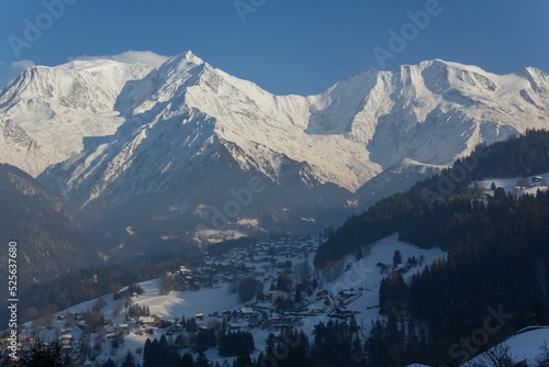 Beautiful shot of The Saint Gervais Les Bains facing Mont Blanc in the Alps in France photo