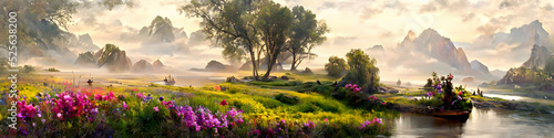 Artistic concept of painting a beautiful landscape of wild nature, with flowery meadows in the background. Tender and dreamy design, background illustration © 4K_Heaven