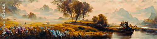 Artistic concept of painting a beautiful landscape of wild nature, with flowery meadows in the background. Tender and dreamy design, background illustration #525638233