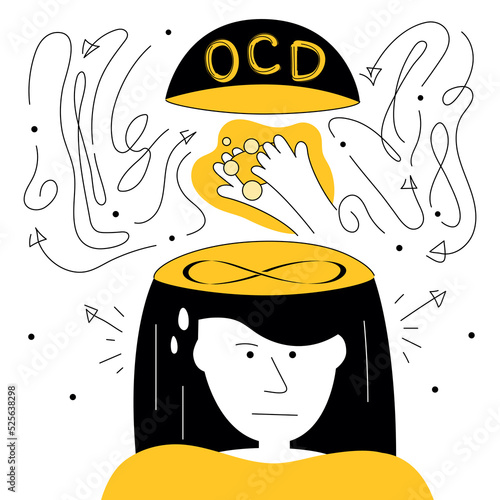 OCD symptoms, the girl has fear and intrusive thoughts for wash hands and counting. Obsessive compulsive disorder vector illustration concept with neurosis discomfort, panic attack. photo