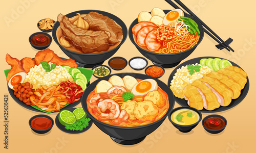 Bak Kut Teh singapore food menu close up. Chinese food hainanese chicken rice. Hokkien mee noodles singapore. Asian shrimps (prawns) laksa soup recipe. Nasi lemak rice cooker.
