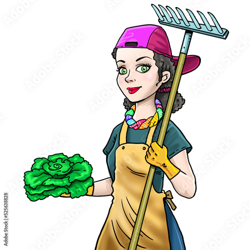 Gardener woman, cartoon character in uniform on white background.