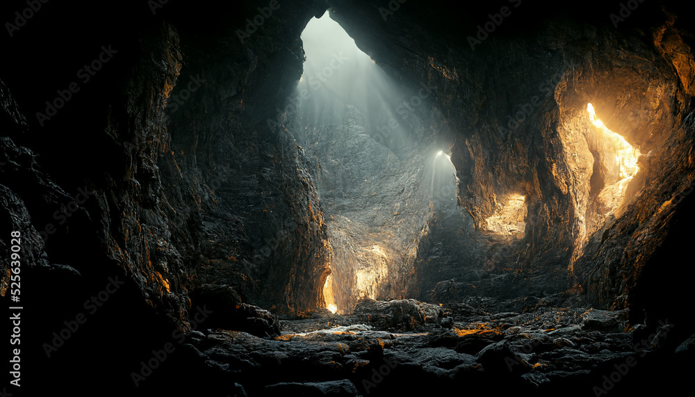 Silhouette inside the cave with light ray coimg from above - obrazy, fototapety, plakaty 