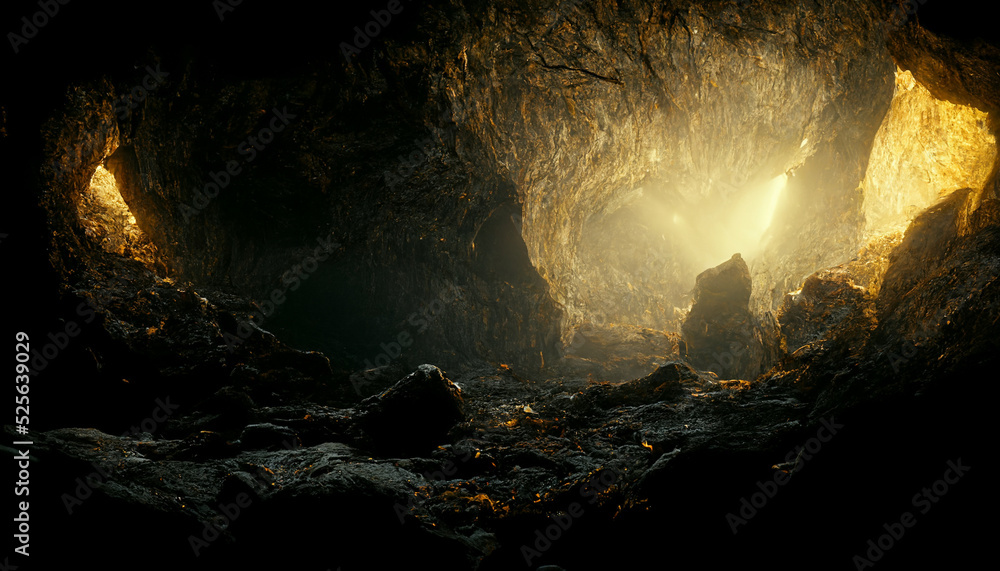 Silhouette inside the cave with light ray coimg from above - obrazy, fototapety, plakaty 