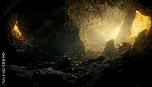 Silhouette inside the cave with light ray coimg from above