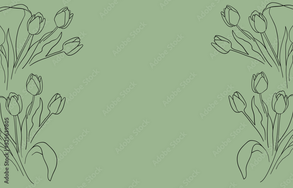 Tulip frame on green background. Flower border line art vector