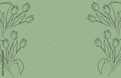 Tulip frame on green background. Flower border line art vector