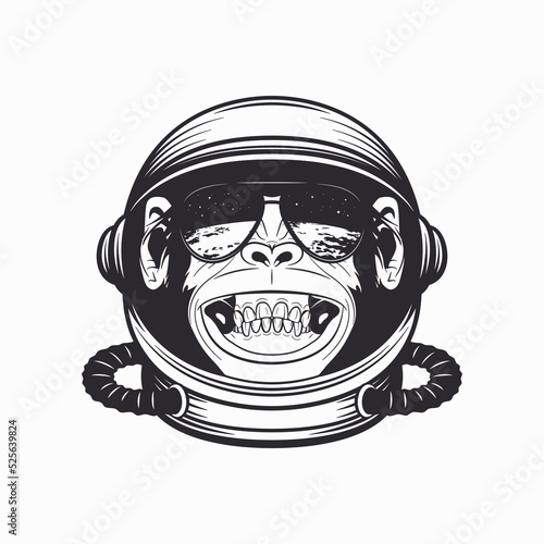 Vector Smiling Chimpanzee Ape with Astronaut Helmet, Funny Monkey with Cosmonaut Mask for Space Exploration. Spaceman Head Protection for Wall Art, T-shirt Print, Poster. Cartoon Cute Chimp Monkey