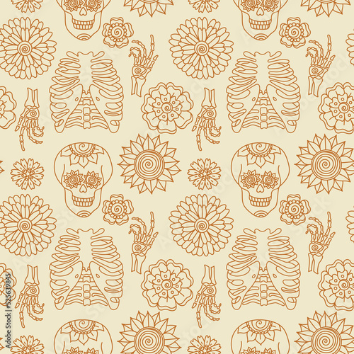 Boho Halloween Skeleton Man and flowers seamless pattern in retro style. Hand-drawn skull hand and chest. Abstract vintage texture