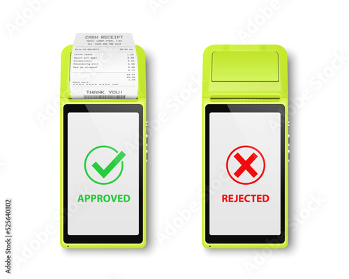 Vector 3d NFC Payment Machine, Approved and Rejected Status. Wi-fi, Wireless Payment. POS Terminal, Machine Design Template of Bank Payment Contactless Terminal, Mockup. Top VIew