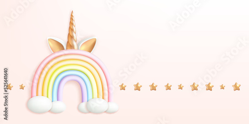 Unicorn horn and ears on fantasy cute rainbow arc and golden magic stars background. Vector illustration cartoon template for greeting card or poster.