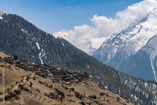 Beautiful shot of the mountain village of Ghyaru, Manang District, Annapurna circuit trek, Nepal photo
