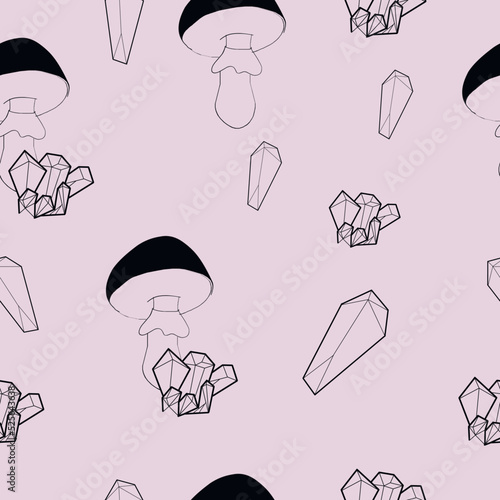 ushroom and crystals esoteric boho seamless pattern