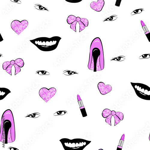 Girly seamless pattern. Fashion, heels, lipstick, eyes and lips. Hearts and bows. Pink pattern with pink glitter. Texture for prints, packaging template, textile, bedding and wallpaper.
