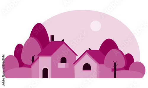 Landscape with houses in the suburbs in monochrome style. Country view horizontal banner illustration