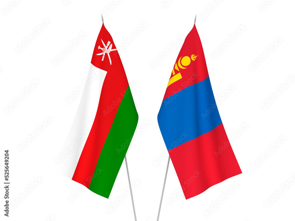 National fabric flags of Mongolia and Sultanate of Oman isolated on white background. 3d rendering illustration.