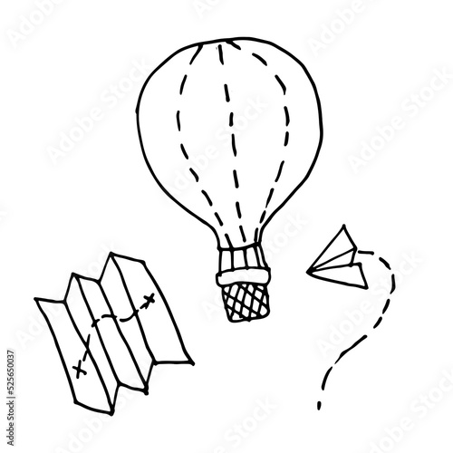 Vector hand drawn travel icon set: map, air balloon, plane