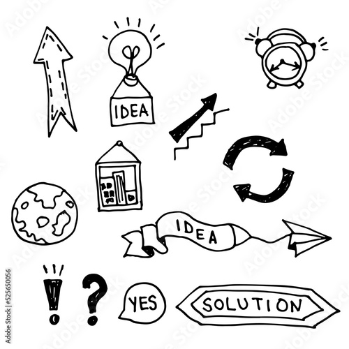 Vector hand drawn business icons: ideas, solution, earth, alarm