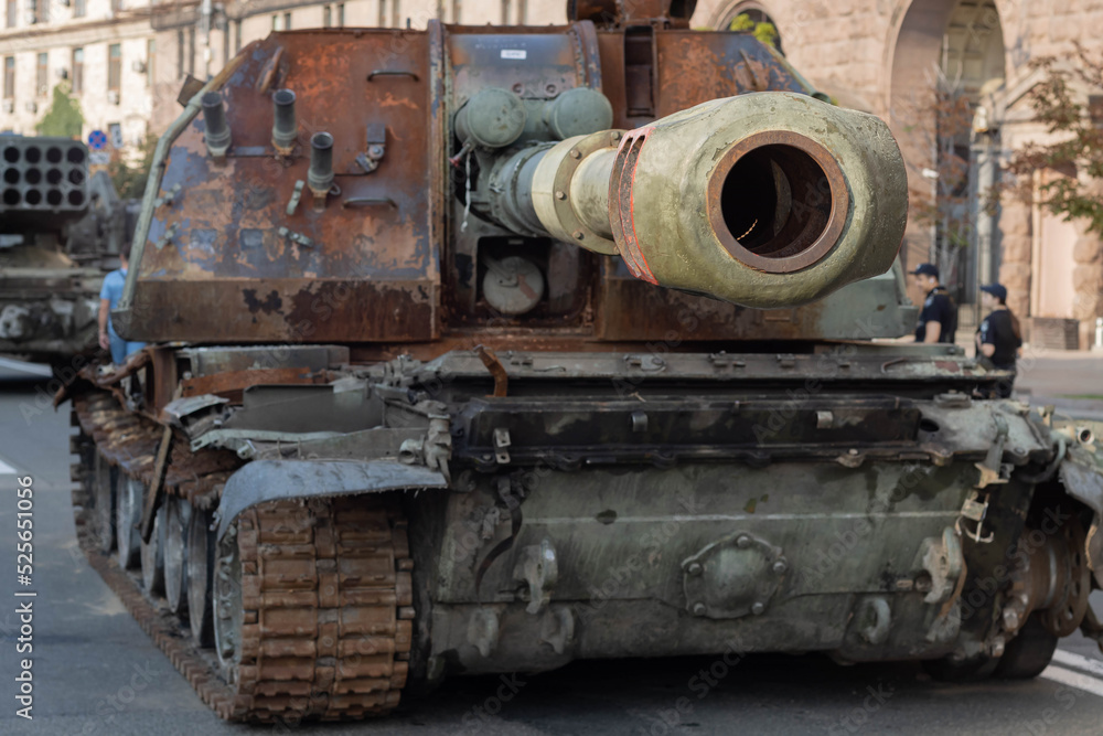 Destroyed Russian military equipment in the center of Kyiv on Khreschatyk. Parade of destroyed Russian tanks on the day of independence of Ukraine.