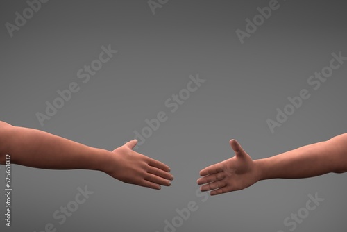 two hands reaching out to each other for handshake on gray background with lot of copy space. 3d render illustration