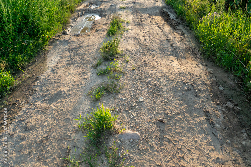 A deep car track on a Russian dirt road after rain. The imprint of car tires on the dirt. Dried mud on the roads in the village. A deep car track on a Russian dirt road after rain. The imprint of car tires on the dirt. Dried mud on the roads in the village.