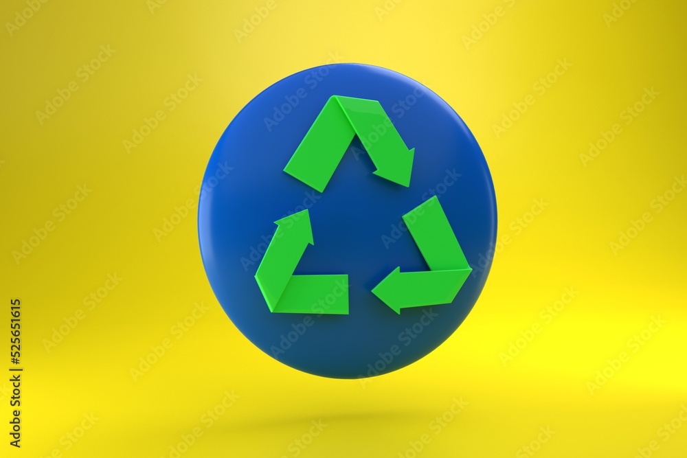 green recycling sign on round blue dialog box with yellow background. 3d render illustration green recycling sign on round blue dialog box with yellow background. 3d render illustration