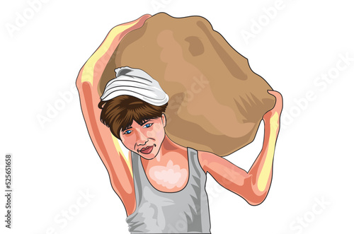 Boy working carrying stones. Slavery. Vector illustration.