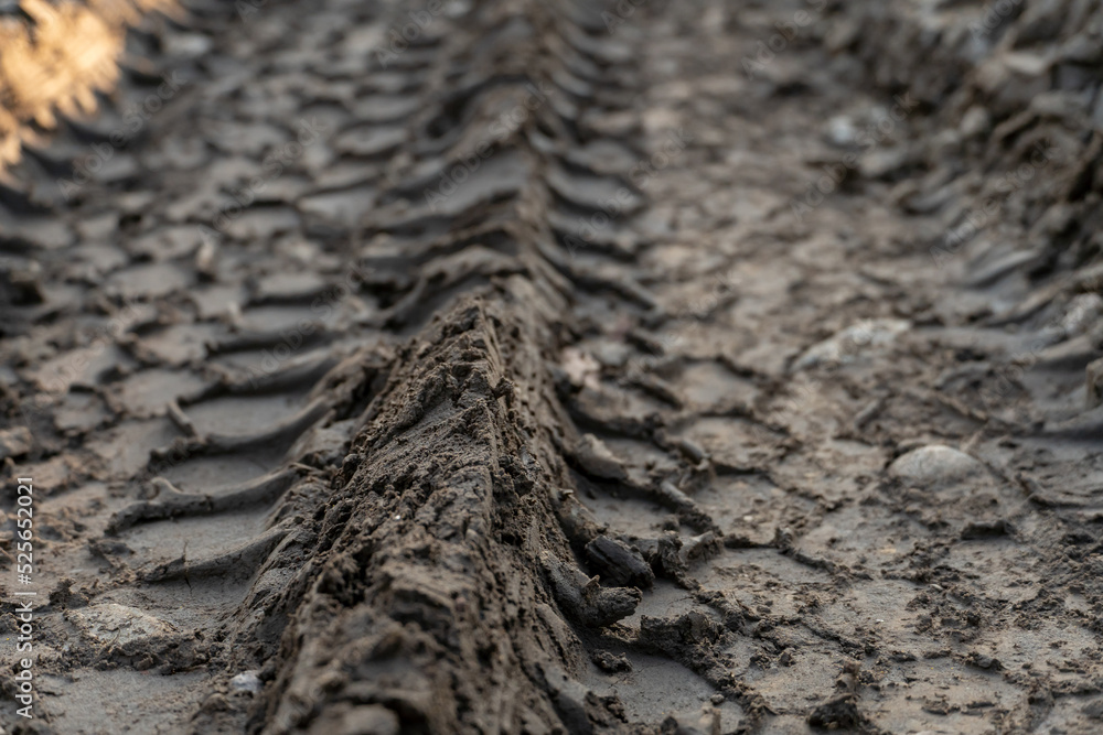 A deep car track on a Russian dirt road after rain. The imprint of car tires on the dirt. Dried mud on the roads in the village. A deep car track on a Russian dirt road after rain. The imprint of car tires on the dirt. Dried mud on the roads in the village.