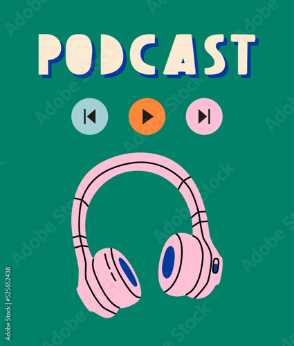 Headphones, letter icons. Podcast recording and listening, broadcasting, online radio, audio streaming service concept. Hand drawn vector isolated illustrations