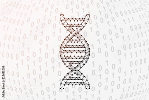 DNA spiral 3d low poly symbol with binary code background. Science design vector illustration. Genetic helix polygonal symbol with connected dots