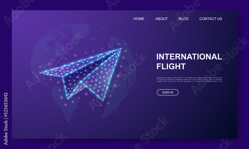 Paper airplane 3d low poly website template. Travel design illustration concept. Polygonal Freedom symbol for landing page, advertising page.
