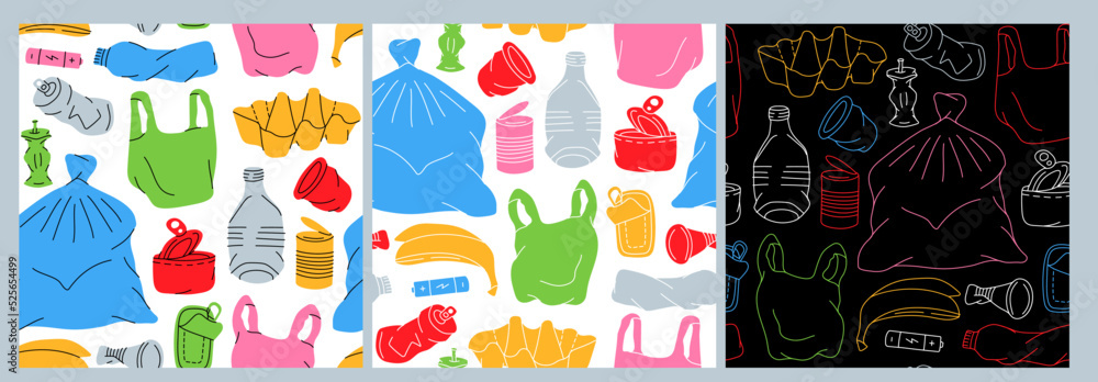 Naklejka premium Set of garbage pattern. Unsorted trash background. Garbage background. Set of different types garbage.