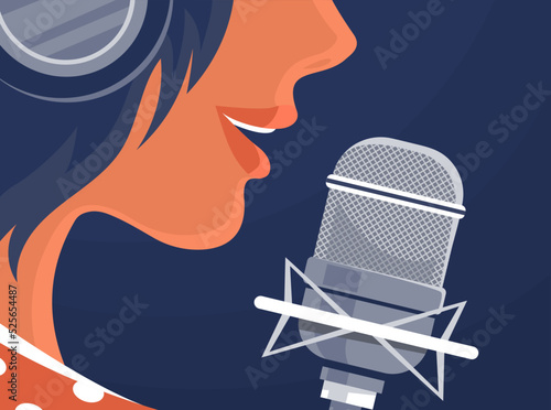 Young girl singer in a recording studio. Microphone and headphones. Face close up. Beautiful song and voice. Music album recording, artwork, radio podcast and live. Cartoon vector illustration