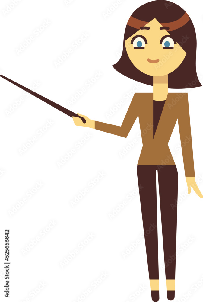 School female teacher character. Woman with wooden stick School female teacher character. Woman with wooden stick